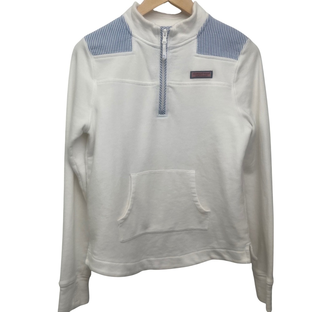 Vineyard Vines Youth XL 1/4 Zip White Blue Nautical Kangaroo Pouch Sweatshirt